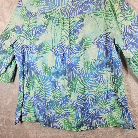 Catherines Blouse 1X Womens Bell Sleeve Top Blue Green Leaf Print Gauzy Peasant - Picture 10 of 14